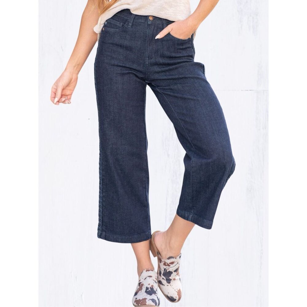Judy Blue Braided Side Seam Cropped Wide Leg Jeans Dark Wash Stretch Denim NWT - Picture 3 of 16